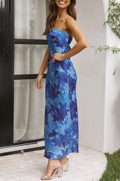 Floral Strapless Foldover Neck Side Slit Satin Maxi Dress