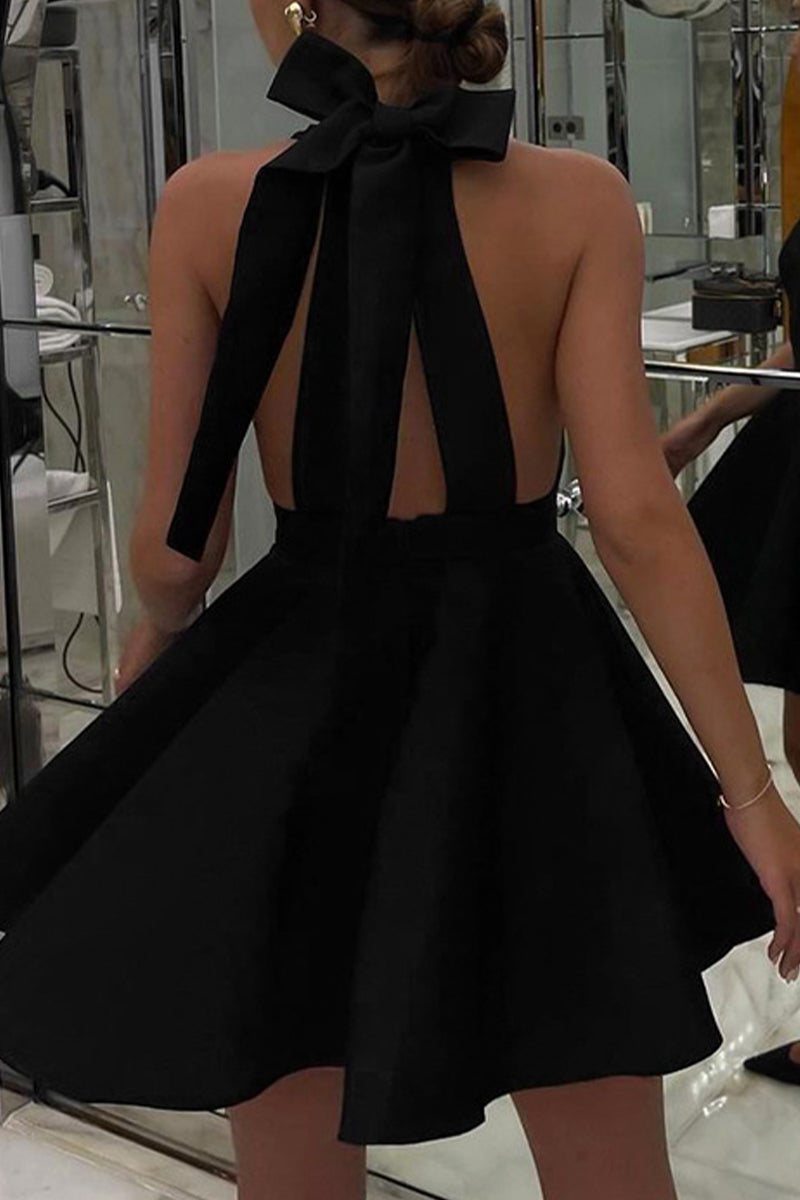Halter Neck Square Neck Bow Back Fit and Flare Pocket Mini Dress
