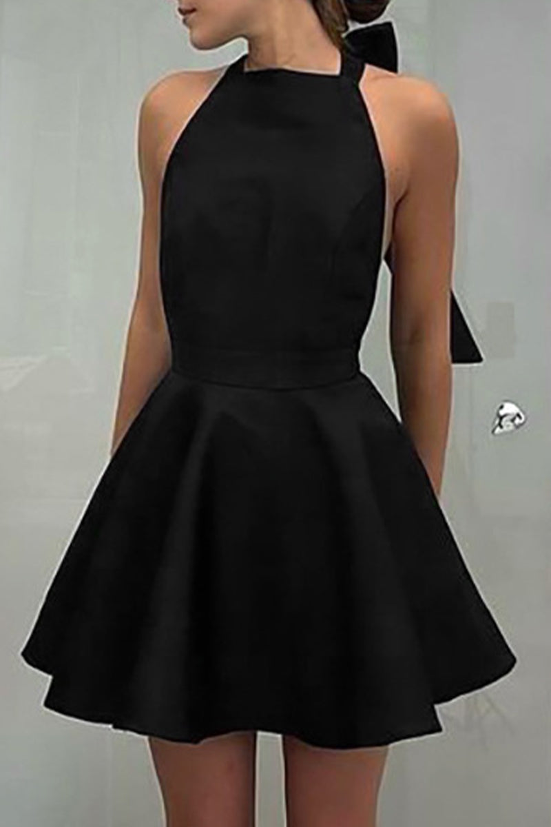 Halter Neck Square Neck Bow Back Fit and Flare Pocket Mini Dress