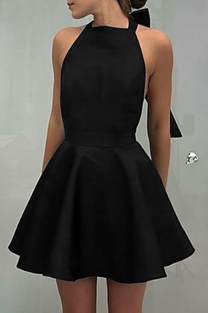 Halter Neck Square Neck Bow Back Fit and Flare Pocket Mini Dress