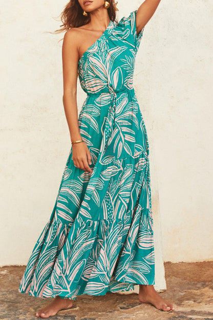 Tropical Floral Print One-Shoulder Puff Sleeve Tiered Drawstring Waist Maxi Dress