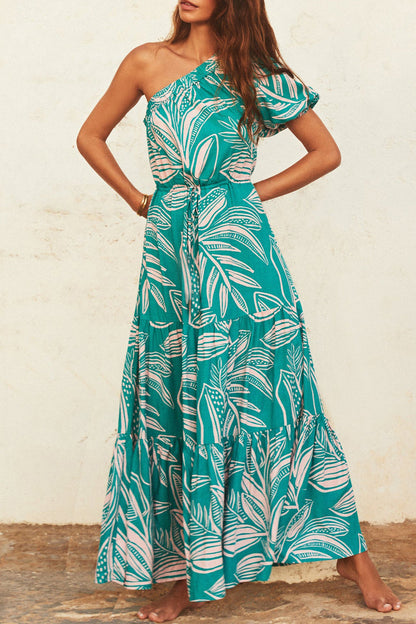 Tropical Floral Print One-Shoulder Puff Sleeve Tiered Drawstring Waist Maxi Dress