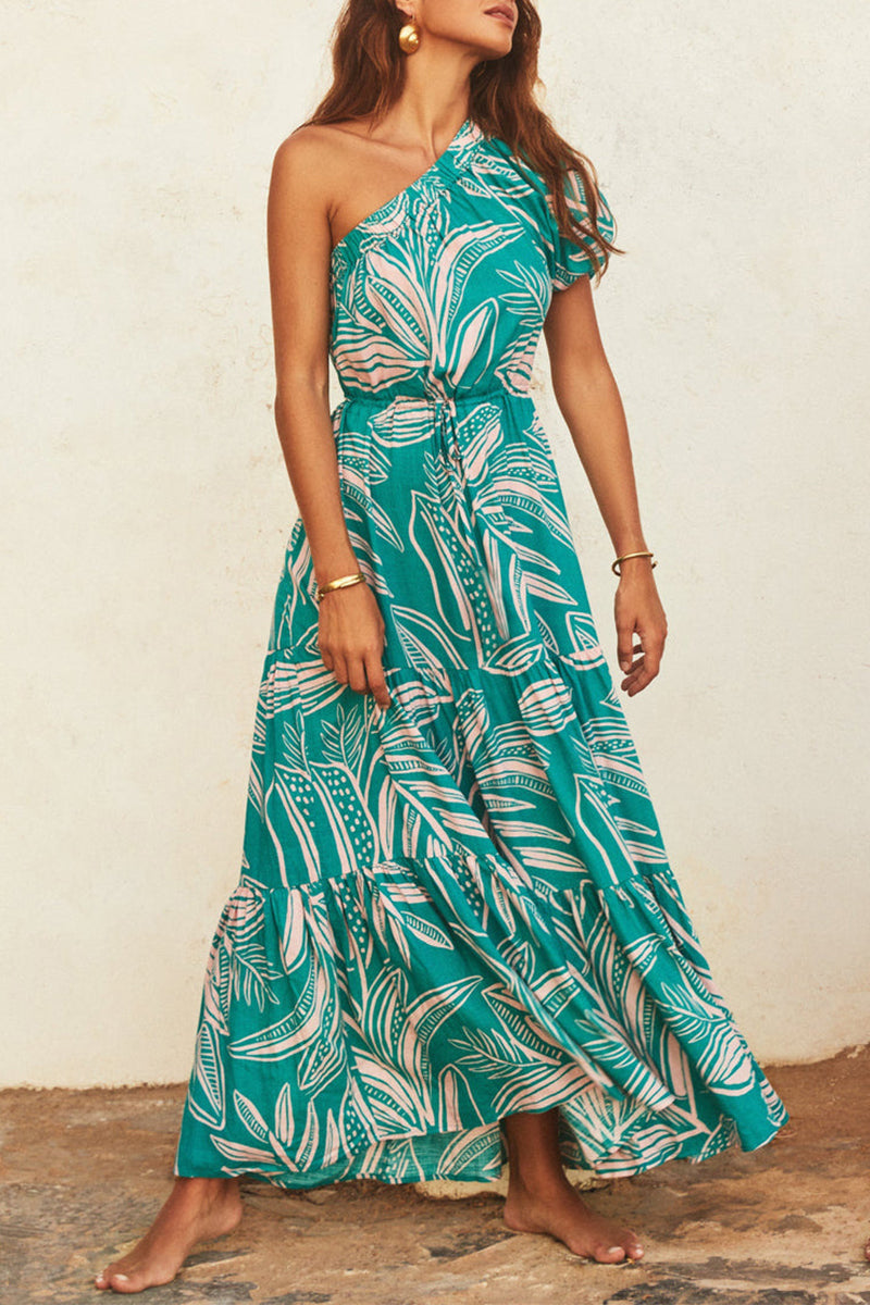Tropical Floral Print One-Shoulder Puff Sleeve Tiered Drawstring Waist Maxi Dress