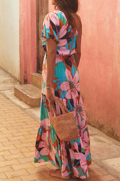 Tropical Floral Print One-Shoulder Puff Sleeve Tiered Drawstring Waist Maxi Dress