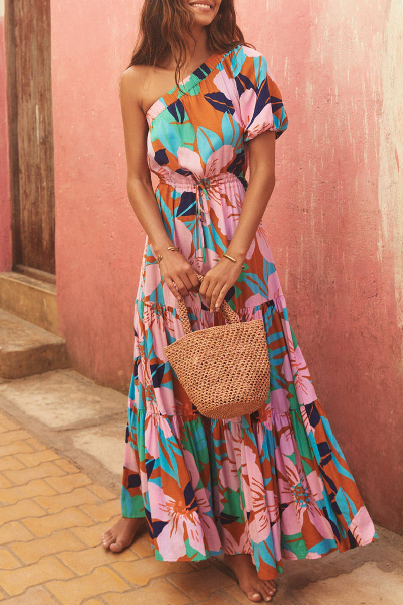 Tropical Floral Print One-Shoulder Puff Sleeve Tiered Drawstring Waist Maxi Dress