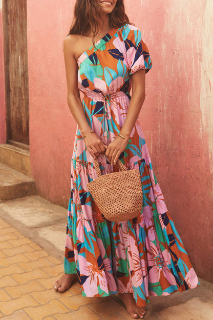 Tropical Floral Print One-Shoulder Puff Sleeve Tiered Drawstring Waist Maxi Dress