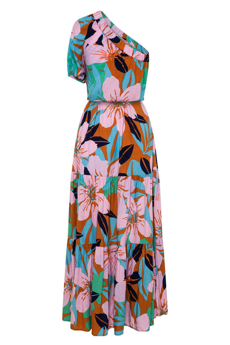 Tropical Floral Print One-Shoulder Puff Sleeve Tiered Drawstring Waist Maxi Dress