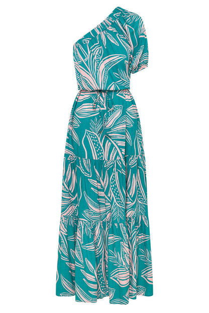 Tropical Floral Print One-Shoulder Puff Sleeve Tiered Drawstring Waist Maxi Dress