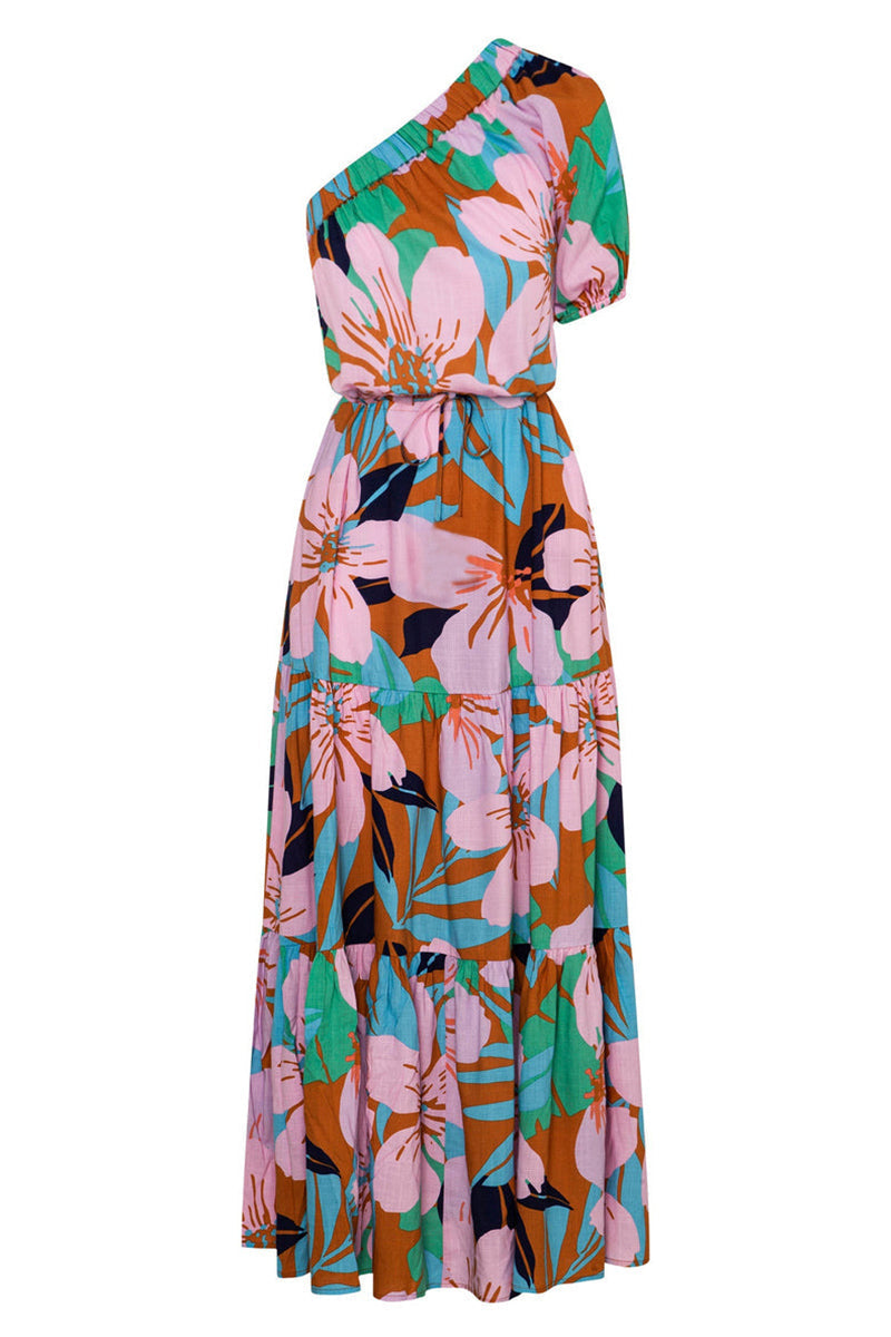 Tropical Floral Print One-Shoulder Puff Sleeve Tiered Drawstring Waist Maxi Dress