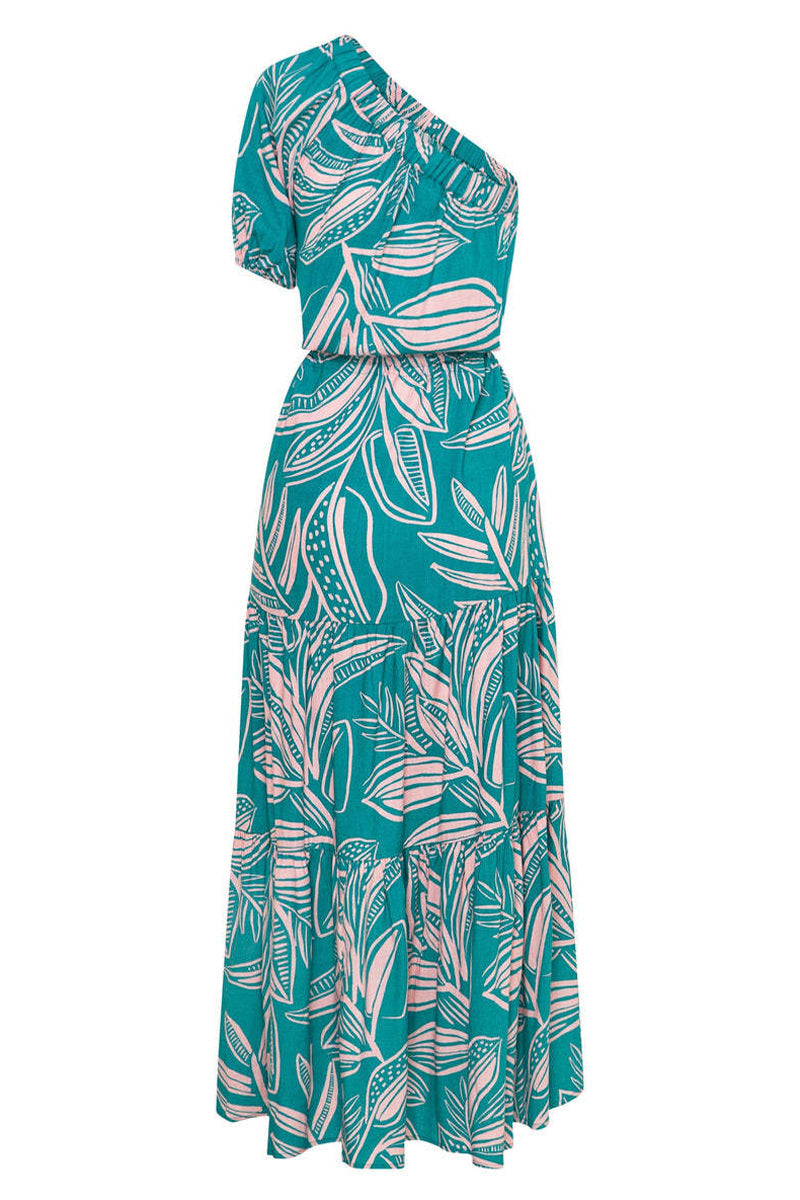 Tropical Floral Print One-Shoulder Puff Sleeve Tiered Drawstring Waist Maxi Dress