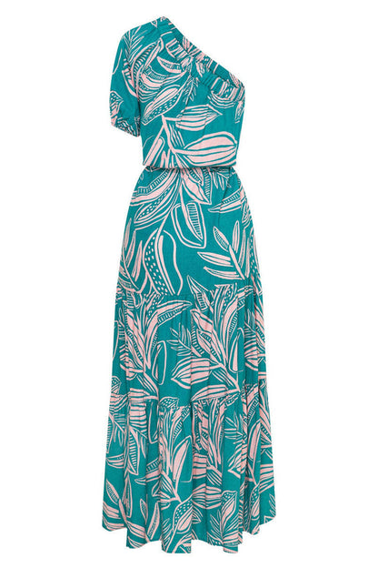 Tropical Floral Print One-Shoulder Puff Sleeve Tiered Drawstring Waist Maxi Dress