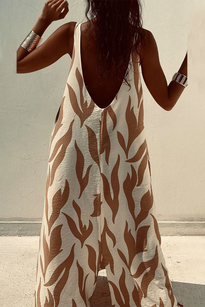 Abstract Wave Print Textured Crew Neck Sleeveless Maxi Dress