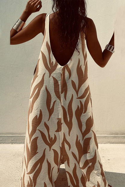 Abstract Wave Print Textured Crew Neck Sleeveless Maxi Dress