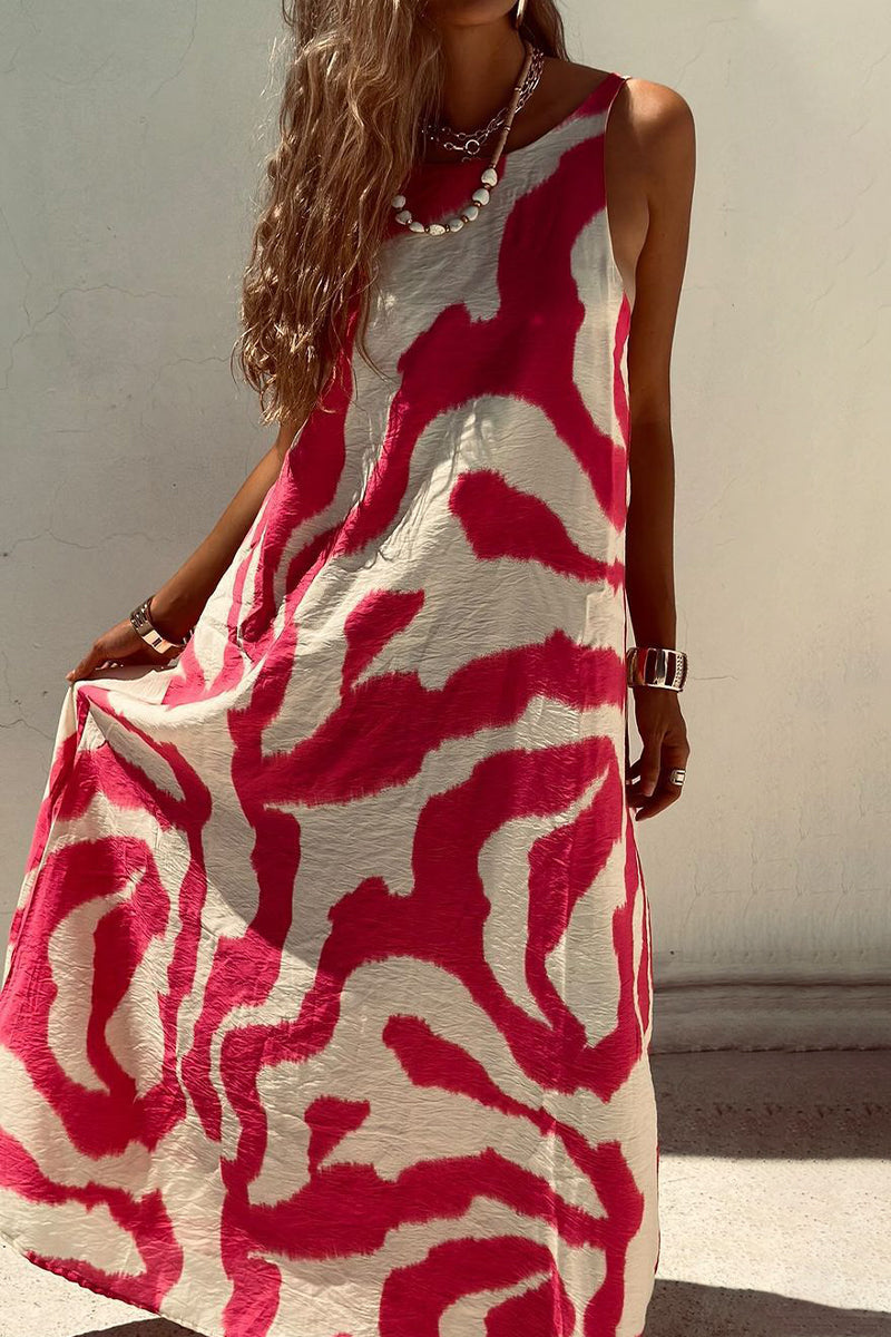 Abstract Wave Print Textured Crew Neck Sleeveless Maxi Dress