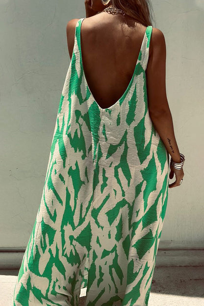 Abstract Wave Print Textured Crew Neck Sleeveless Maxi Dress