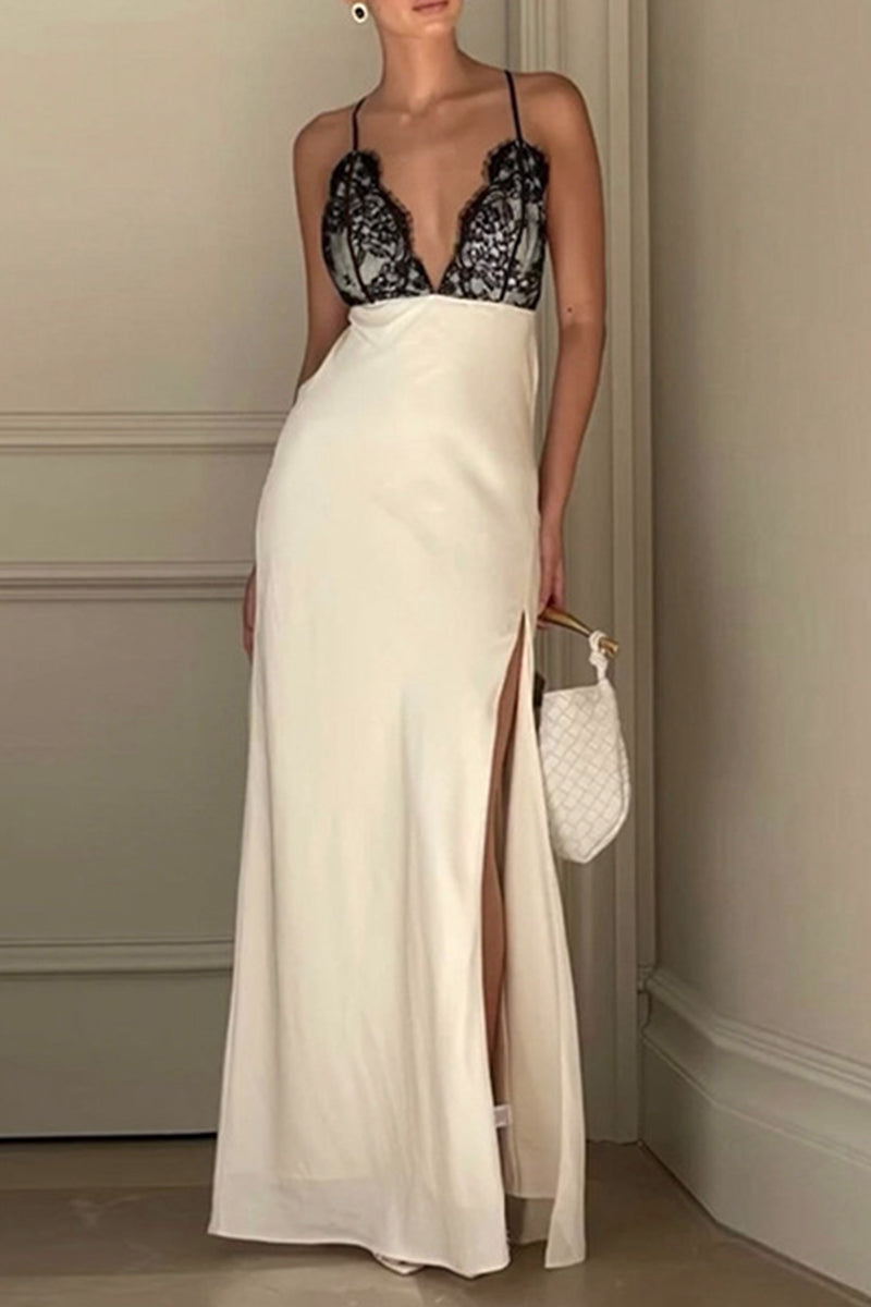 Lace Panel Spaghetti Strap Deep V-Neck High Slit Satin Maxi Dress