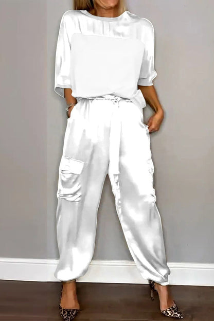 Casual Solid Pocket O Neck Short Sleeve Two Pieces