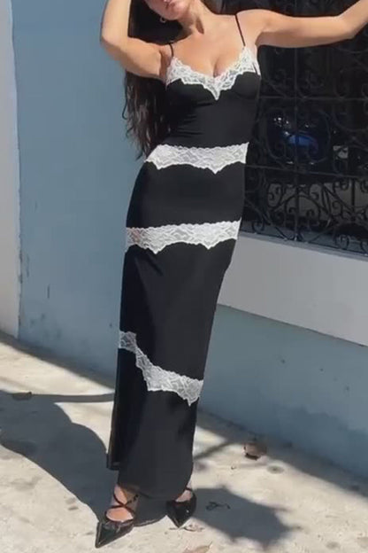 Rib Knit Spaghetti Strap Lace Panel Trim V-Neck Bodycon Maxi Dress