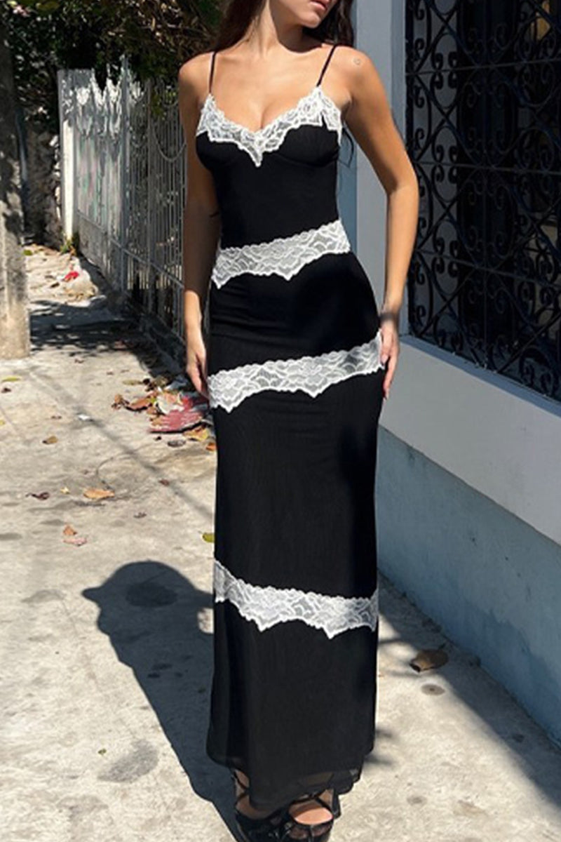Rib Knit Spaghetti Strap Lace Panel Trim V-Neck Bodycon Maxi Dress