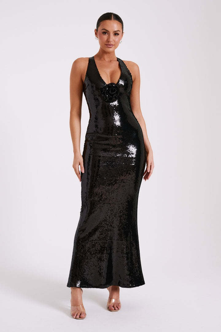 | Backless Floral Sequin Maxi Dress