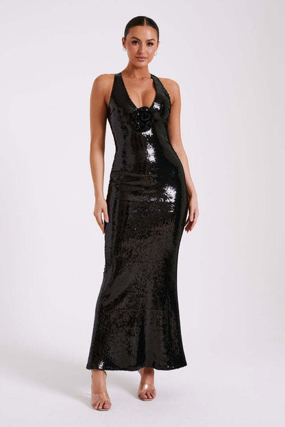 | Backless Floral Sequin Maxi Dress