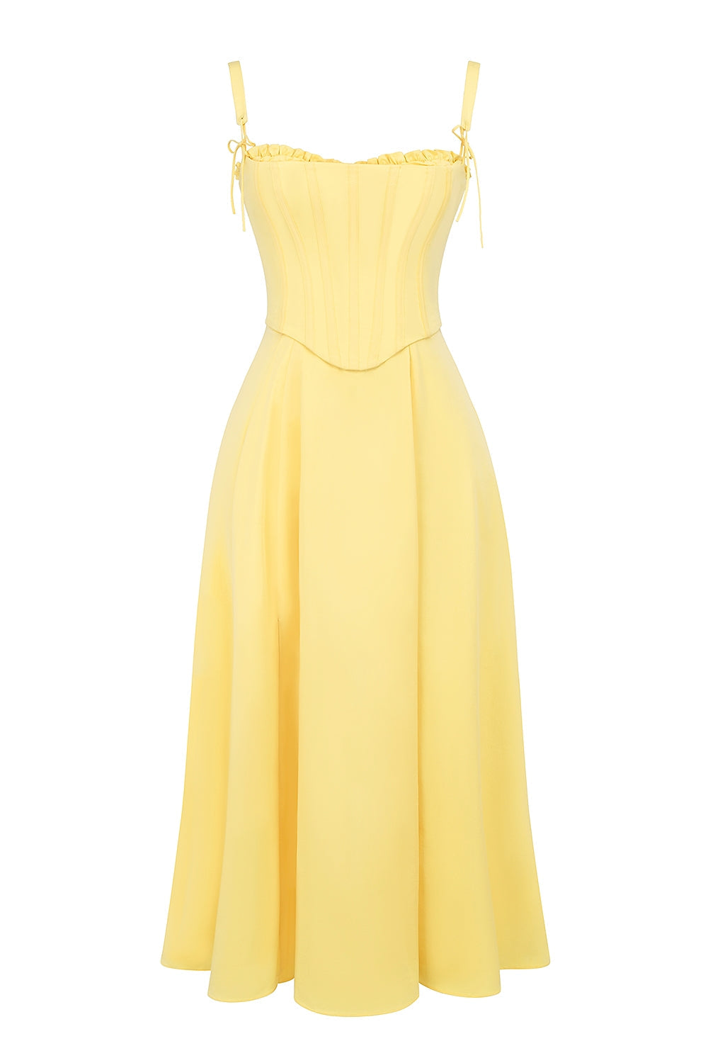 Corset Bodice Tie Strap Ruffle Trim High Slit Midi Dress