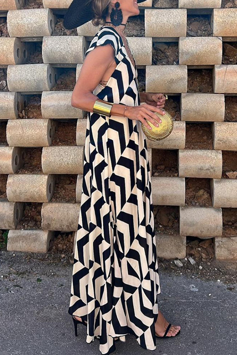 Geometric Chevron Print Cap Sleeve Deep V-Neck Flowy Maxi Dress