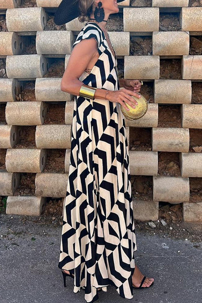 Geometric Chevron Print Cap Sleeve Deep V-Neck Flowy Maxi Dress