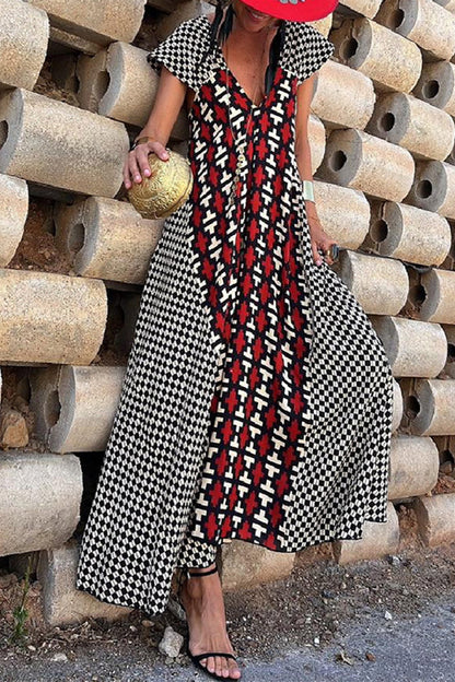 Geometric Chevron Print Cap Sleeve Deep V-Neck Flowy Maxi Dress