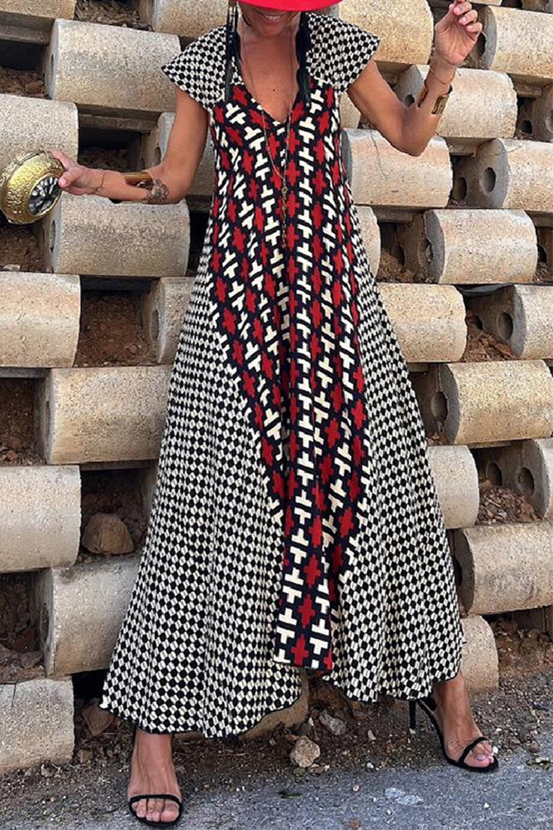 Geometric Chevron Print Cap Sleeve Deep V-Neck Flowy Maxi Dress