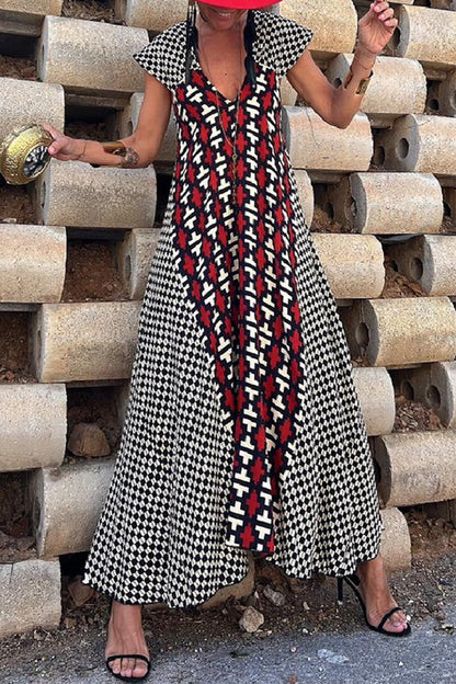 Geometric Chevron Print Cap Sleeve Deep V-Neck Flowy Maxi Dress
