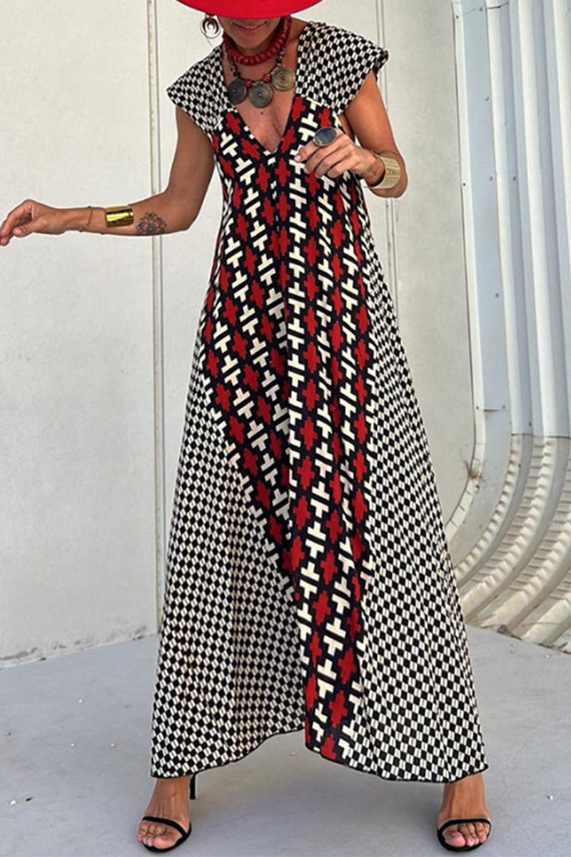 Geometric Chevron Print Cap Sleeve Deep V-Neck Flowy Maxi Dress