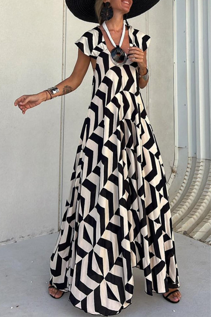 Geometric Chevron Print Cap Sleeve Deep V-Neck Flowy Maxi Dress