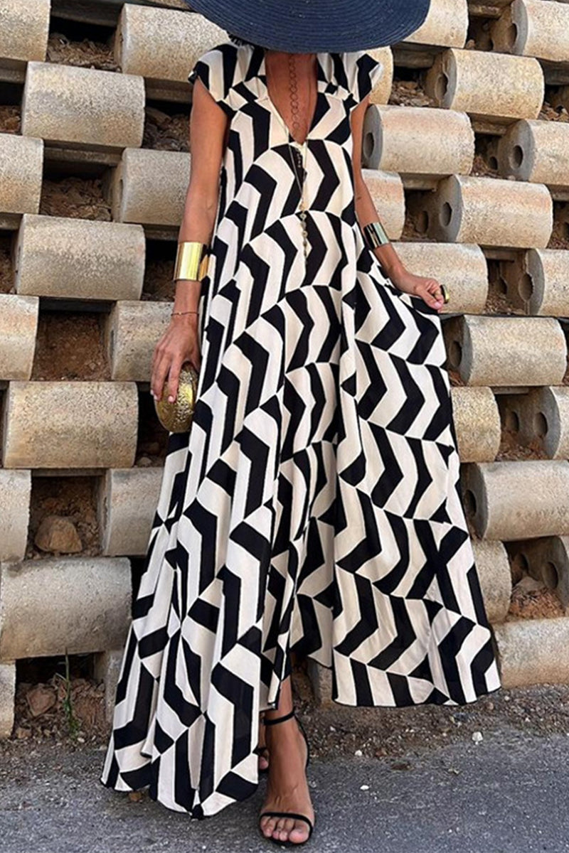 Geometric Chevron Print Cap Sleeve Deep V-Neck Flowy Maxi Dress