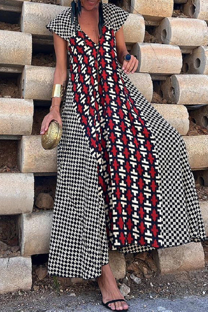 Geometric Chevron Print Cap Sleeve Deep V-Neck Flowy Maxi Dress