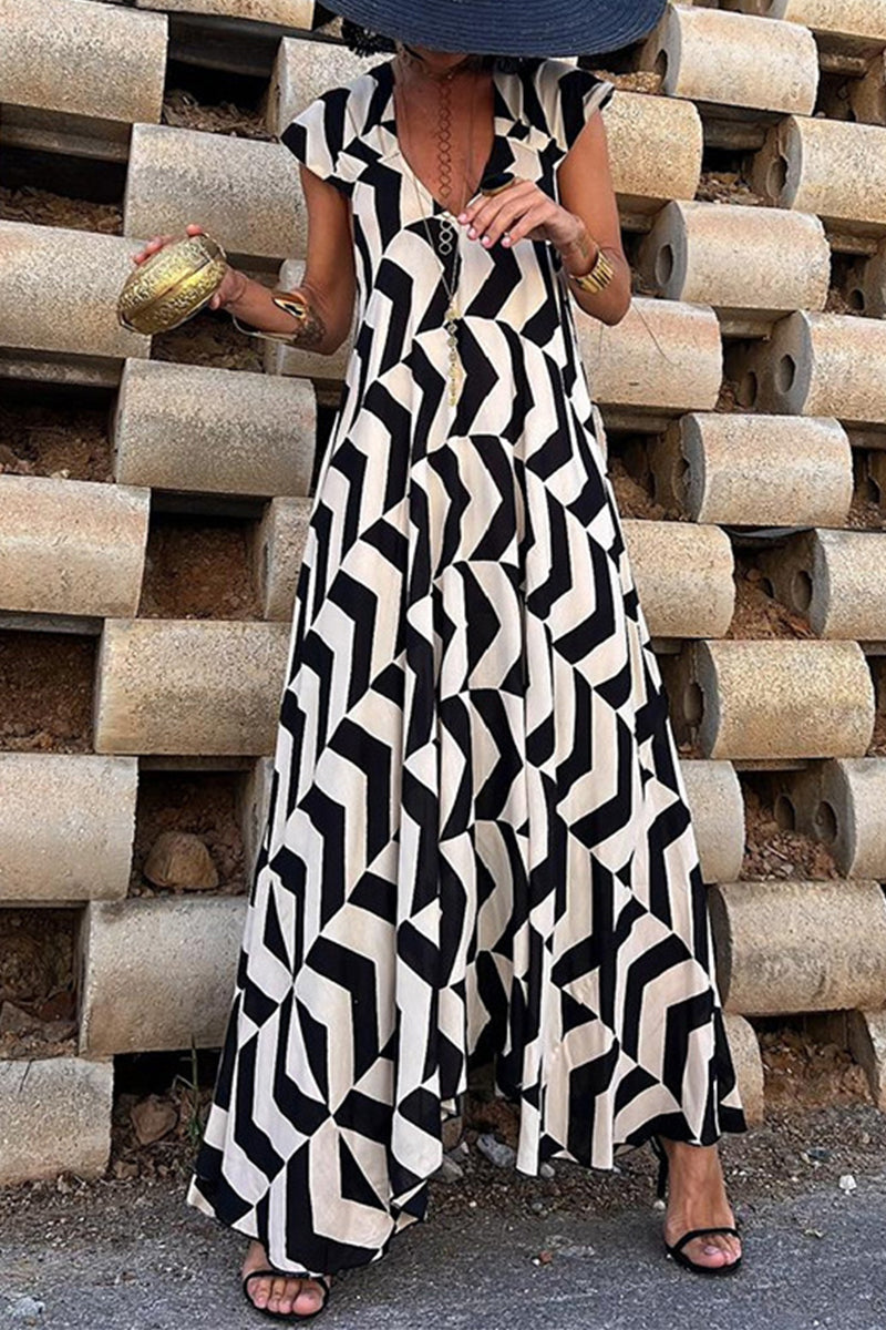 Geometric Chevron Print Cap Sleeve Deep V-Neck Flowy Maxi Dress