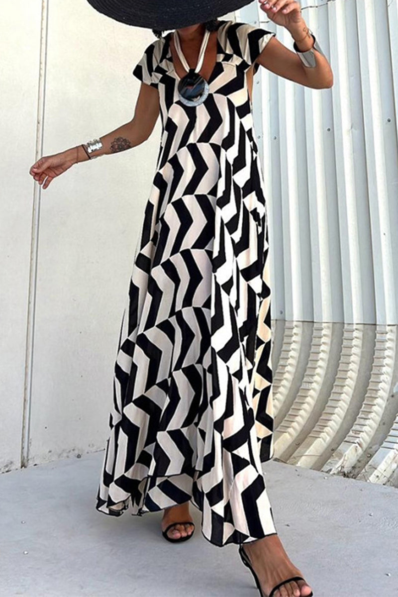 Geometric Chevron Print Cap Sleeve Deep V-Neck Flowy Maxi Dress