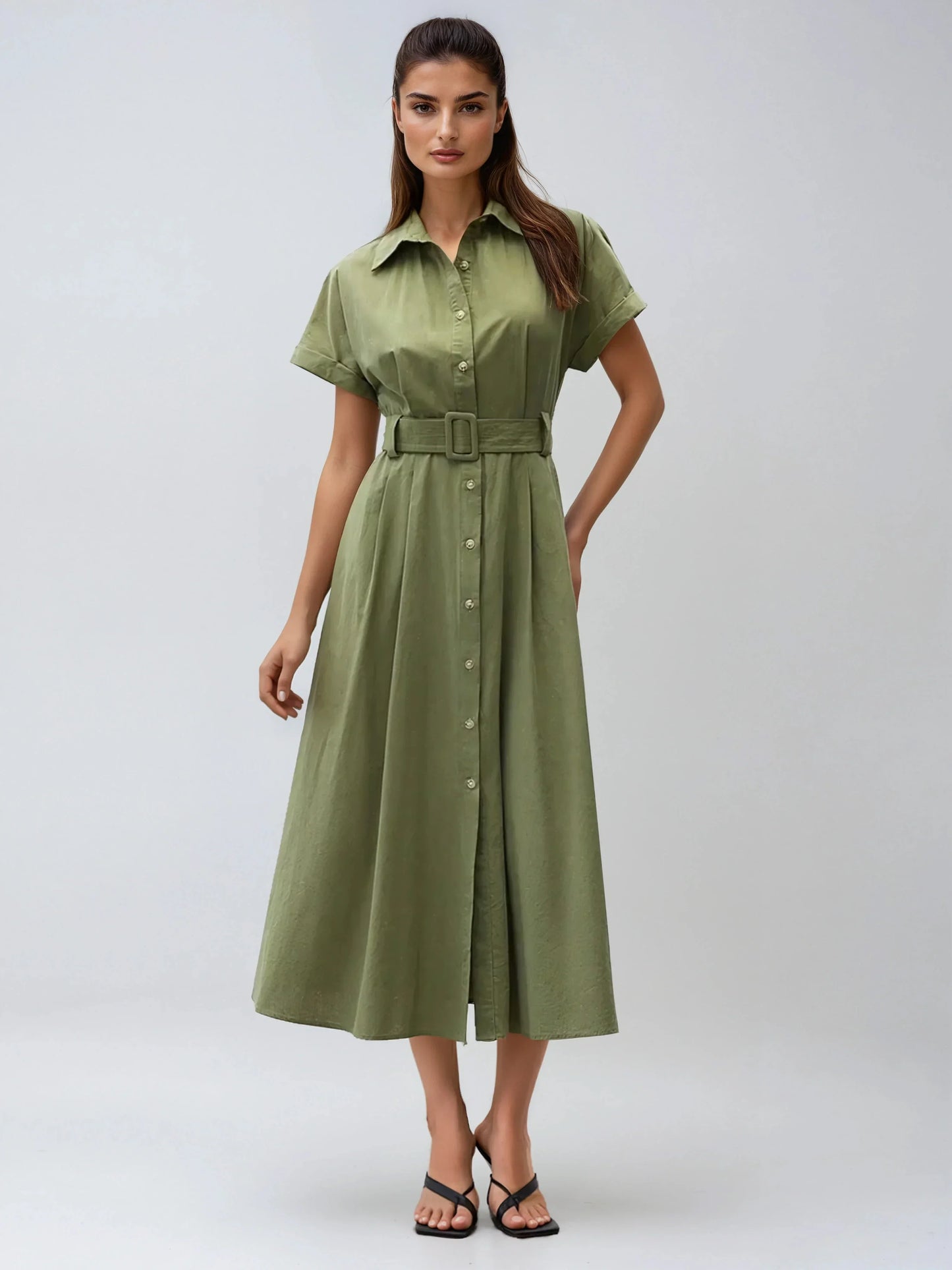 Casual Shirt Dress With Collar And Pockets Breathable