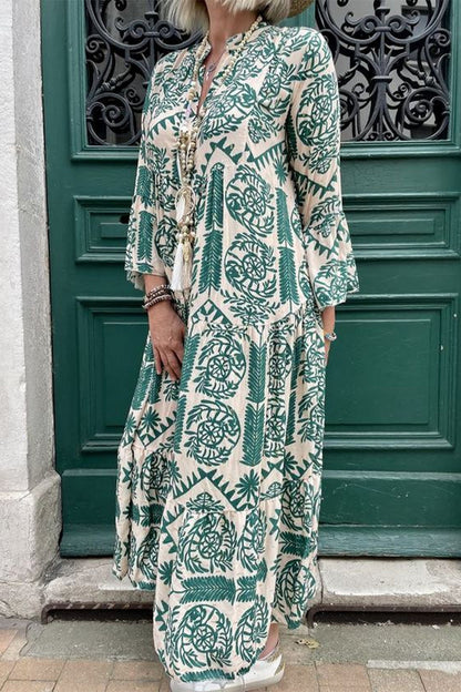 Casual Vintage Geometric Print Patchwork V Neck Printed Dresses(3 Colors)