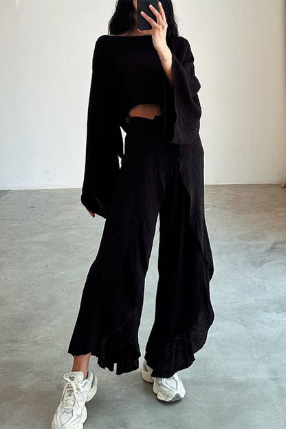 Casual Solid Flounce Slit O Neck Long Sleeve Two Pieces(3 Colors)