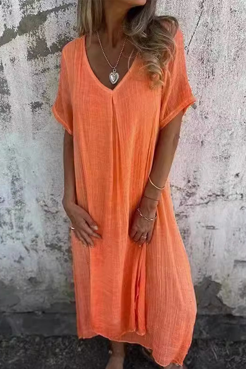 Casual Solid Make Old V Neck Short Sleeve Short Sleeve Dress(6 Colors)
