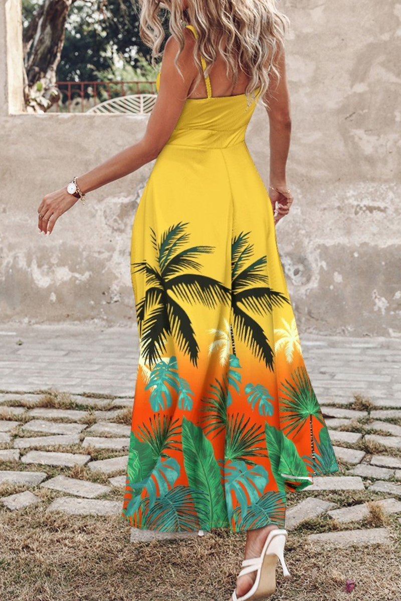 Tropical Palm Leaf Print Tie Front Spaghetti Strap High Split Maxi Dress