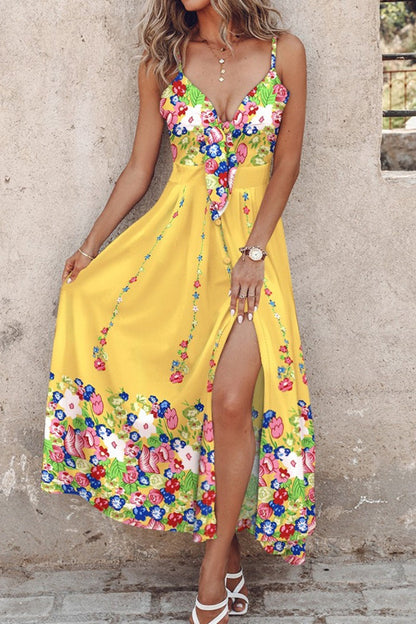 Tropical Palm Leaf Print Tie Front Spaghetti Strap High Split Maxi Dress