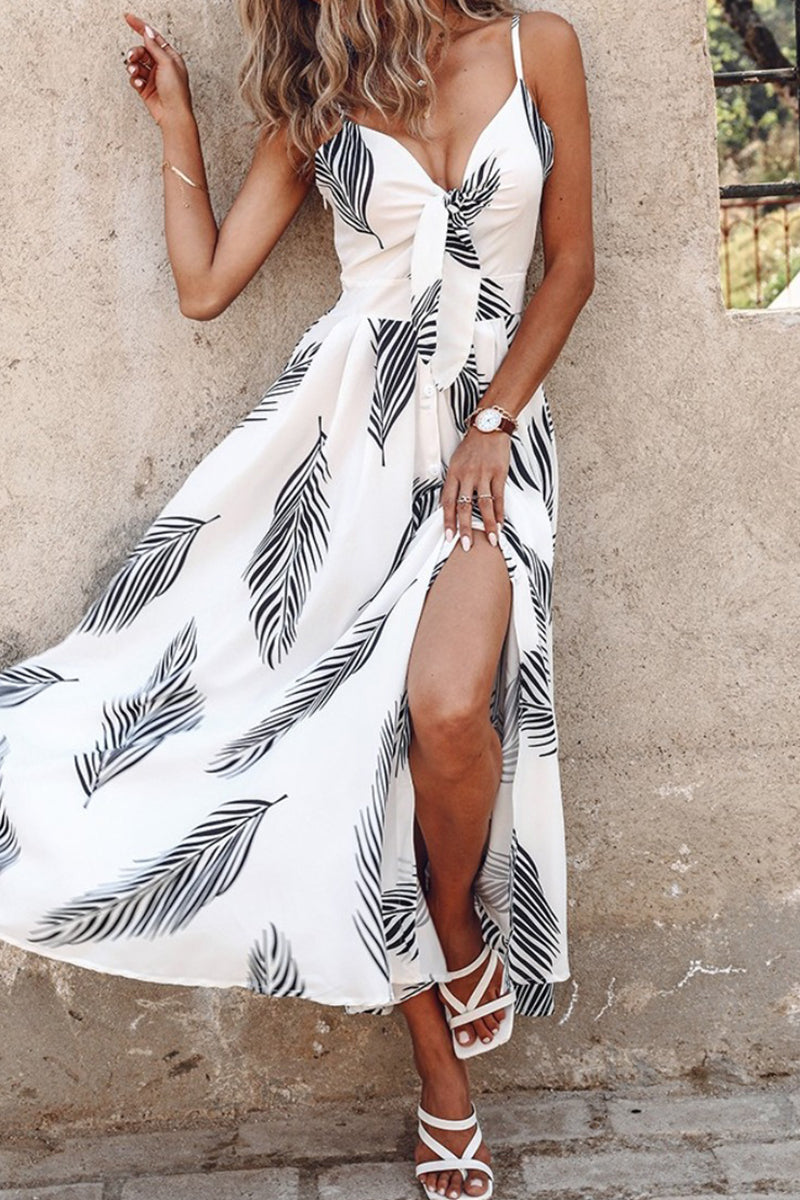 Tropical Palm Leaf Print Tie Front Spaghetti Strap High Split Maxi Dress