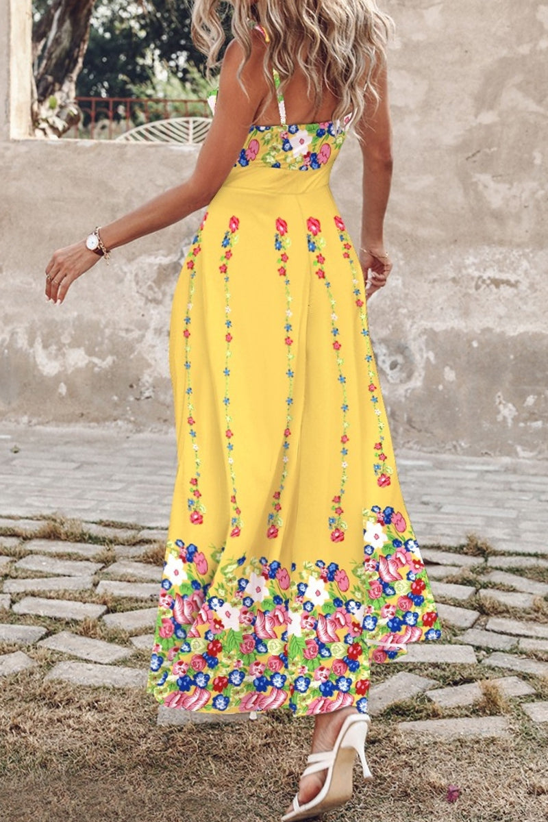 Tropical Palm Leaf Print Tie Front Spaghetti Strap High Split Maxi Dress