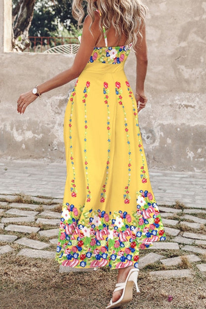 Tropical Palm Leaf Print Tie Front Spaghetti Strap High Split Maxi Dress