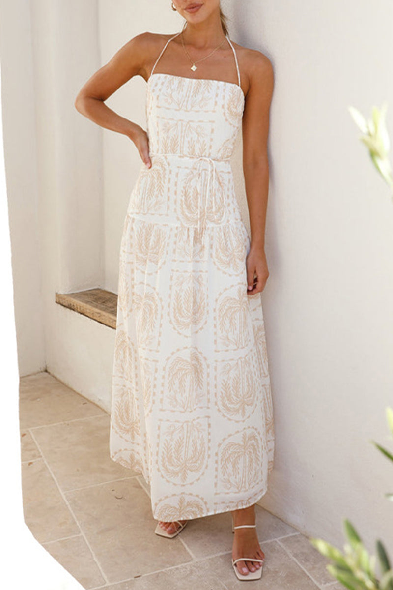Palm Motif Halter Neck Tie-Waist Tiered Backless Maxi Dress