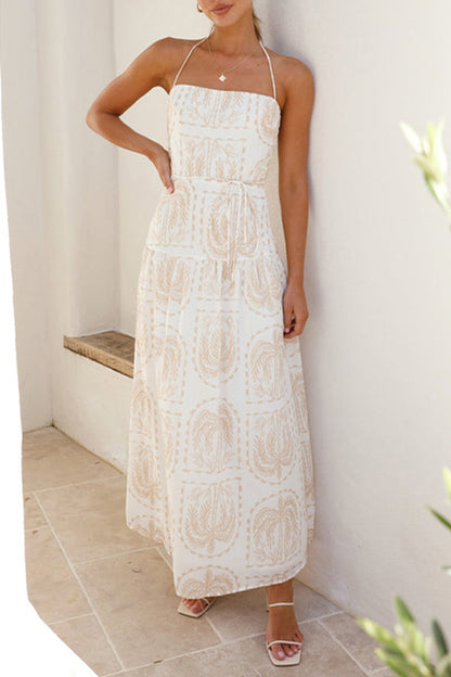 Palm Motif Halter Neck Tie-Waist Tiered Backless Maxi Dress