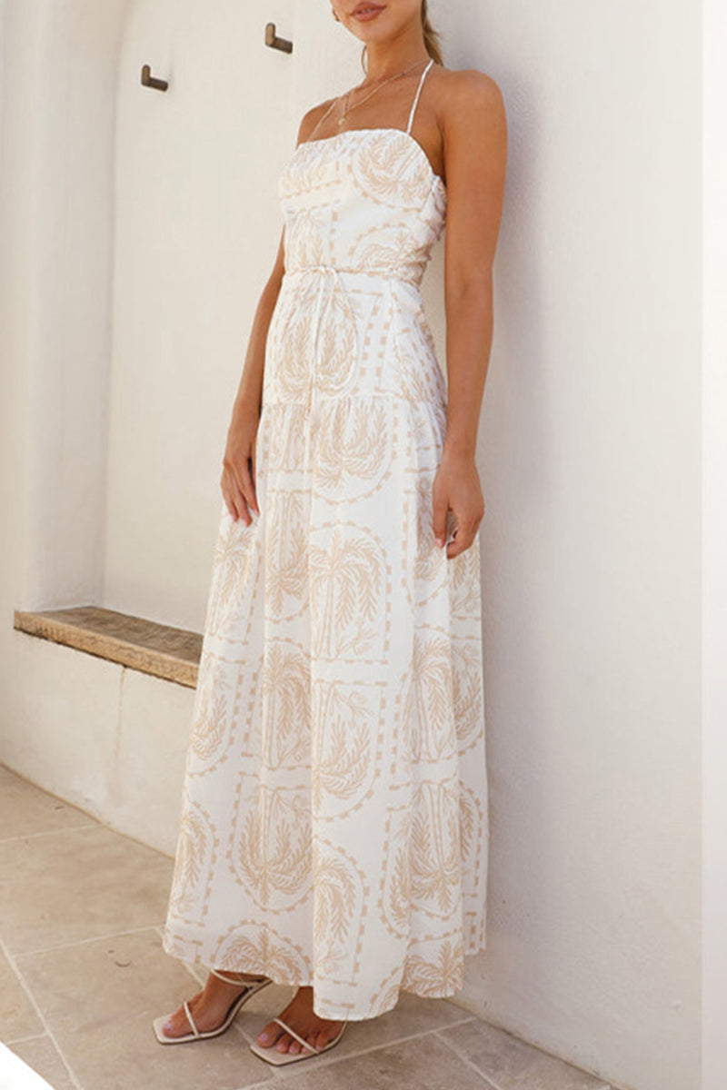Palm Motif Halter Neck Tie-Waist Tiered Backless Maxi Dress