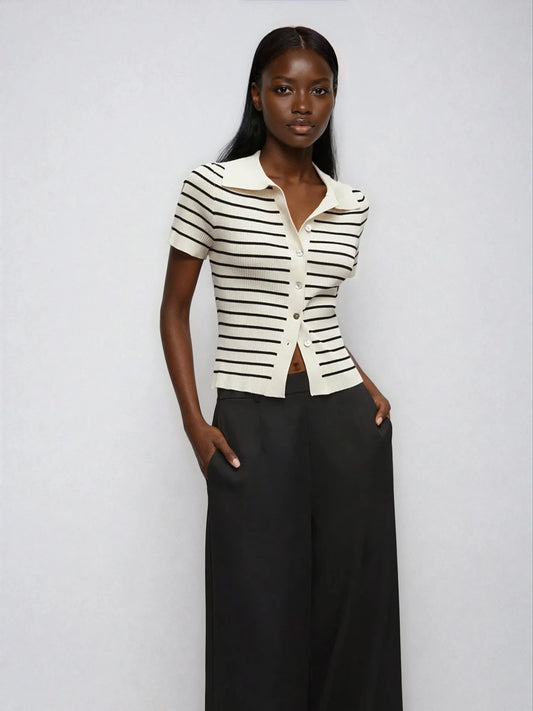Lined Cashmere Blend Knit Sweater Turndown Collar Stripe